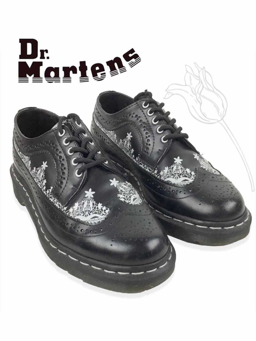 Dr. Martens 3989 Gothic Lace Wingtip Brogues — Black/White